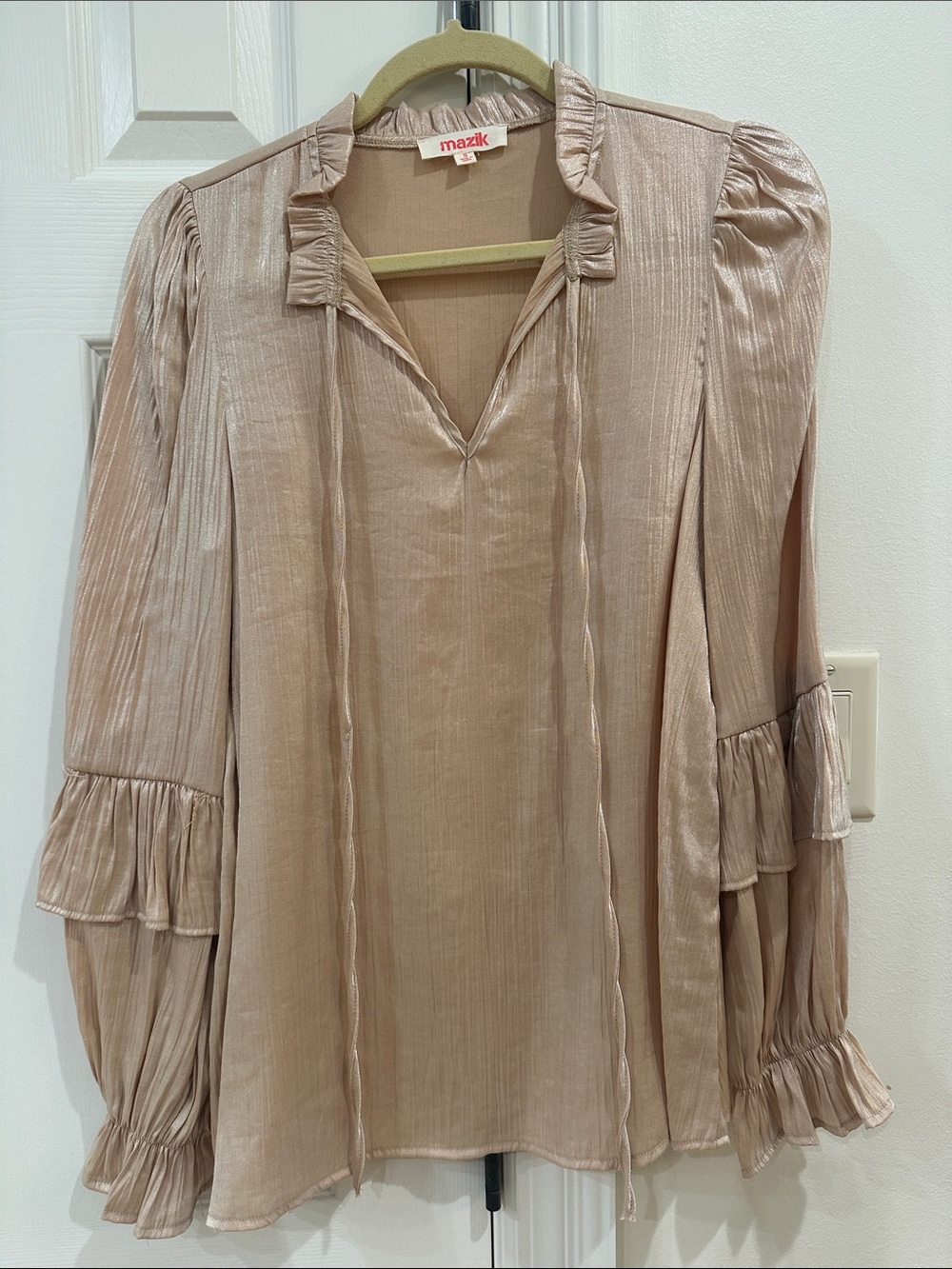 Mazik Tan Ruffle-Trim Long Sleeve Blouse